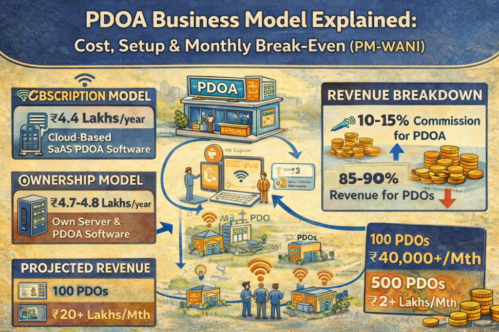 PDOA Business Model Explained: Cost, Setup & Monthly Break-Even (PM-WANI) PDOA Business Model Explained: Cost, Setup & Monthly Break-Even (PM-WANI)